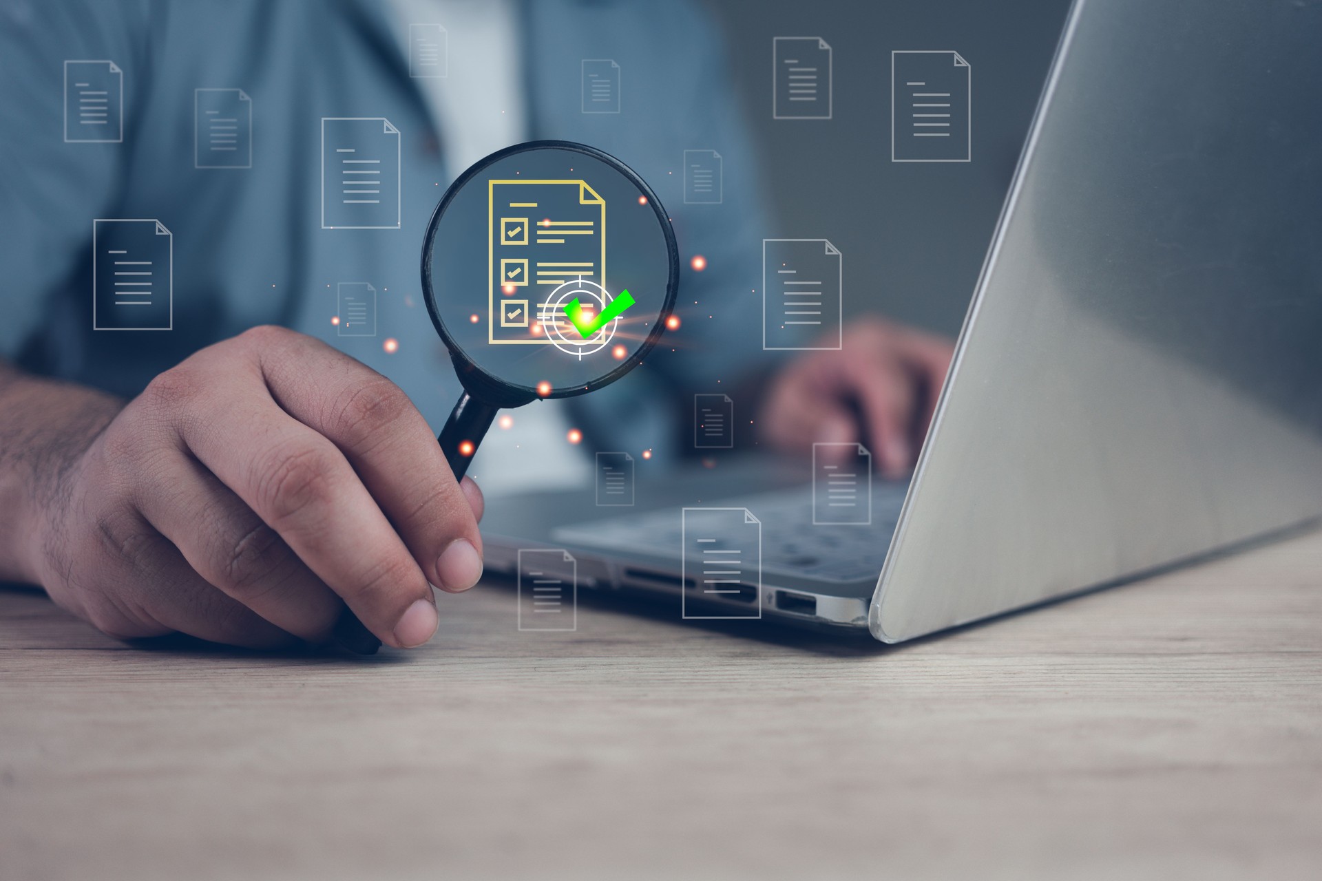 Businessman use a magnifying lens check and approve document. Business analysis, auditing.