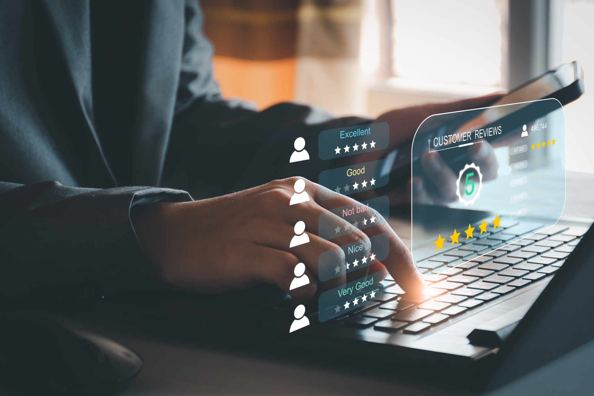 Customer satisfaction. Business Owners View Customer Satisfaction Review Score, Mobile Phone, Happy Customer, Rating High Review, Five Star, Product and Service Review Premium, High Satisfaction Score